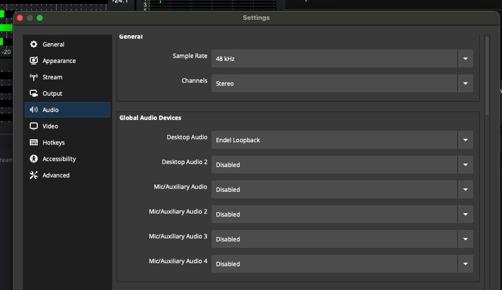 OBS Studio audio configuration.